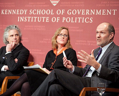 Stephen Walt (far right), Belfer Professor of International Affairs, said it was important to separate out the reasons for a decline in violence and not confuse the cause for a decline in interpersonal violence. Walt was joined at the Kennedy School Forum by Steven Pinker (far left) and Monica Toft (center). Also included on the panel was Joshua Goldstein, professor emeritus at American University.