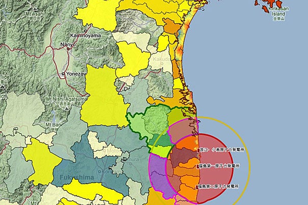 This map shows reported casualties caused by the Sendai Earthquake of 2011, based on CATDAT (global database of damaging earthquakes) and the radioactive fallout evacuation zones that surround the Fukushima Daiichi nuclear plant. Japanmap is edited by Ray Kameda for the Daishinsai Archive, a project under the direction of the Reischauer Institute for Japanese Studies.