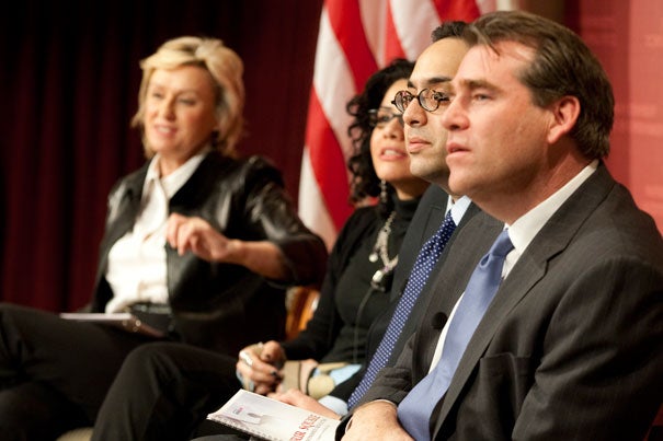 “What we’ve got happening in Egypt right now is a transition, a transition from a dictatorship maybe to another dictatorship … maybe to a democracy,” said Tarek Masoud (third from left), assistant professor of public policy at Harvard Kennedy School, during a Feb. 2 forum discussion.  Other panelists included moderator Tina Brown (from left), Mona Eltahawy, Masoud, and Charles Sennott.