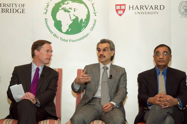 “It is very clear that what took place in some countries in the Arab world is an earthquake to the region,” Prince Alwaleed (center), whose 2005 gift created the Harvard Program, said in describing the Arab Spring. The panel discussion was moderated by R. Nicholas Burns of the Harvard Kennedy School (left) and also included Professor Ali Asani (right), director of Harvard’s Prince Alwaleed Bin Talal Islamic Studies Program.