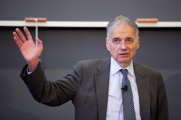 Ralph Nader told his Harvard Law School audience that the government and the American people have rationalized illegality because the country has gotten used to the military-industrial complex and the corporate state under which it has been operating for more than half a century. 