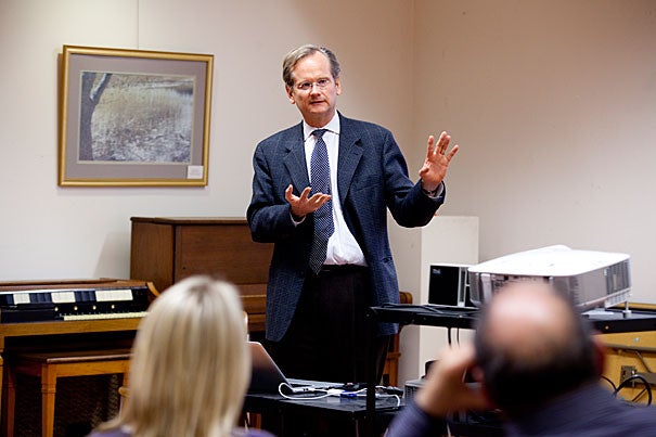 Harvard Law School Professor Lawrence Lessig discussed his new book, “Republic, Lost," at the Hyde Park Branch Library as part of the semester-long John Harvard Book Celebration.
