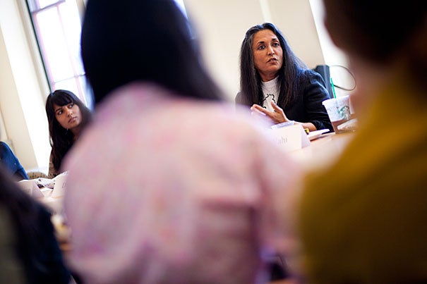 Filmmaker Deepa Mehta delivered the Rama S. Mehta lecture at the Radcliffe Institute, discussing her work — which addresses complex social themes such as arranged marriage, isolation, racism, homosexuality, and domestic violence — and her collaboration with Salman Rushdie on a screen adaptation of his book "Midnight's Children."
