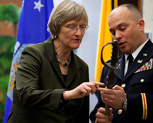"To symbolize both our new beginning and our tradition” at Harvard, Army Lt. Col. Timothy J. Hall, commanding officer of the Paul Revere Battalion at MIT, showed Harvard President Drew Faust a saber that had been issued on May 30, 1916 to Capt. Constant Cordier, commander of the 1,000-student Harvard Regiment, precursor of the Army ROTC. The saber will be on display in the new Army ROTC office in Hilles, said Hall, where it resumes “its rightful place at Harvard."
