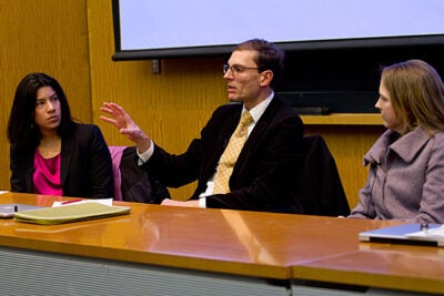 Maya Jasanoff and her faculty colleagues gathered at the Tsai Auditorium on Feb. 16 and March 7 to consider how the Faculty of Arts and Sciences (FAS) may look in a generation. The February session included, among others, Jasanoff (from left), Harvard faculty Martin Puchner, and  Ann Pearson. 