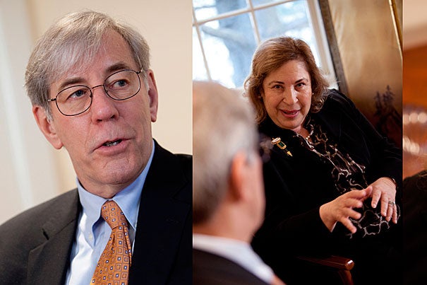 Robert Reischauer (left), the senior fellow of the Harvard Corporation, and Leila Fawaz (right), president of the Board of Overseers, talk about Harvard’s governance, the implementation of recent governance reforms, and the interplay between the two boards. 
