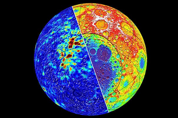 Magnetic field intensity (left) and topography (right) of the moon centered over the giant 2,400 kilometer-diameter crater known as South Pole-Aitken impact basin. Significant quantities of metallic iron from the projectile were deposited on the northern rim of the basin that became magnetized in the presence of a magnetic field, forming several large magnetic anomalies. Low values of both the magnetic field strength and topography are plotted in blue colors, which grade to red for high values.