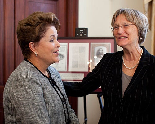 “In my capacity as president of Brazil I am here because we want to build our joint future,” said Brazil President Dilma Rousseff (left), who visited with Harvard President Drew Faust. Harvard signed a five-year agreement with the government of Brazil to eliminate financial barriers for talented Brazilian science students pursuing undergraduate and graduate studies at Harvard.