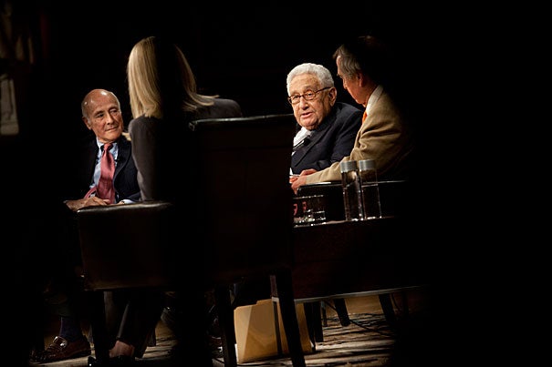 “I know more now, and I probably have a more balanced and slightly less self-confident view,” said Henry Kissinger (second from right). But “when you are in office, you have to act under pressure, you have to act as if you’re sure of what you’re doing, because you don’t get rewarded for your doubts.” Kissinger was the feature panelist that included (from far left) Joseph Nye, Jessica Blankshain, and Graham Allison.