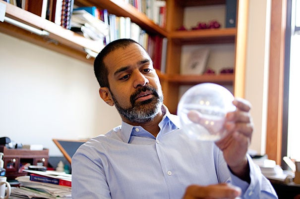 Vinothan Manoharan, an assistant professor of chemical engineering and physics at Harvard School of Engineering and Applied Sciences, is studying self-assembly: when particles interact with one another and spontaneously arrange themselves into organized structures.