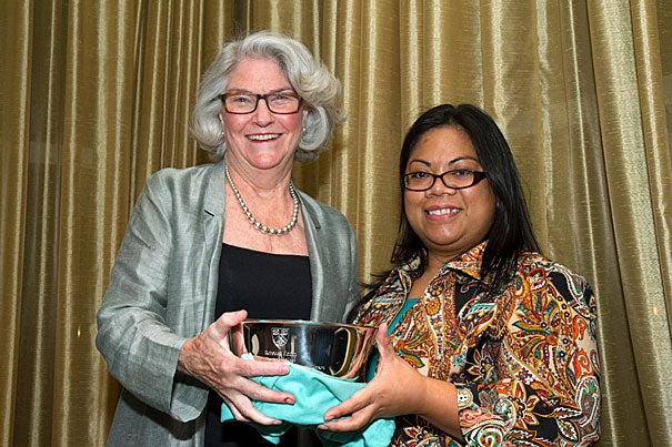 Emmy Award-winning producer Rebecca Eaton (left) was one of the recipients of the 2012 Women’s Leadership Awards coordinated by the Harvard College Women’s Center. Presenting the award was Assistant Dean of Harvard College for Student Life Emelyn A. dela Pena.