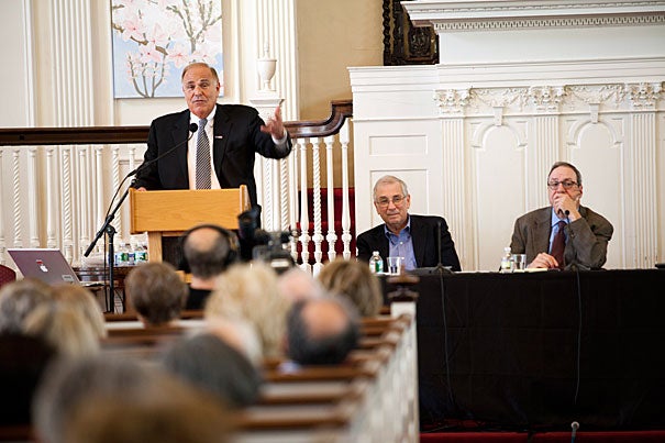 The battered American middle class was the topic addressed by Ed Rendell (from left), Frank Levy, and Joe Nocera at First Parish for the Harvard Institute for Learning in Retirement's 35th Anniversary Forum.