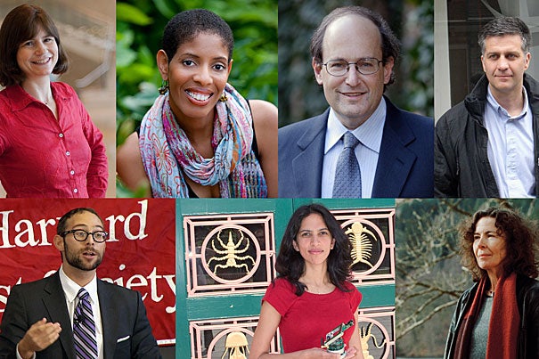 The new crop of incoming Radcliffe Fellows includes political scientist Andrea Campbell (clockwise from top left), playwright Lydia Diamond, physicist Paul J. Steinhard, film director Romuald Karmakar, novelist Margot Livesey, professor of computer science Radhika Nagpal, and law professor I. Glenn Cohen. Mathematician Irit Dinur is not pictured.