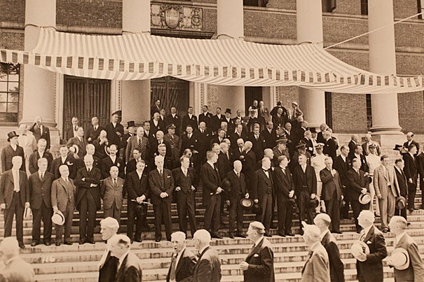 In front of a festive Widener Library 70 years ago, alumni from a 19th-century class file past Harvard President James B. Conant, 1942 Commencement dignitaries, and members of the University's governing boards. "The chain of graduated classes," said Conant in his June 7, 1942 Baccalaureate sermon, "now spans exactly 300 years."