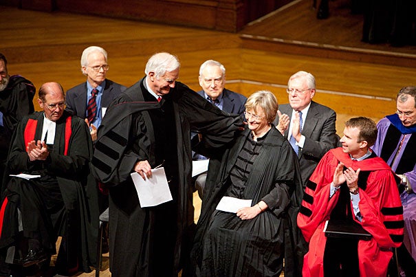 Former Harvard president Derek Bok greets current president Drew Faust at the Phi Beta Kappa Exercises inside Sanders Theatre. Two-time Poet Laureate of the United States and 2011 Pulitzer Prize winner Kay Ryan (not pictured) read 12 poems at the ceremony. 