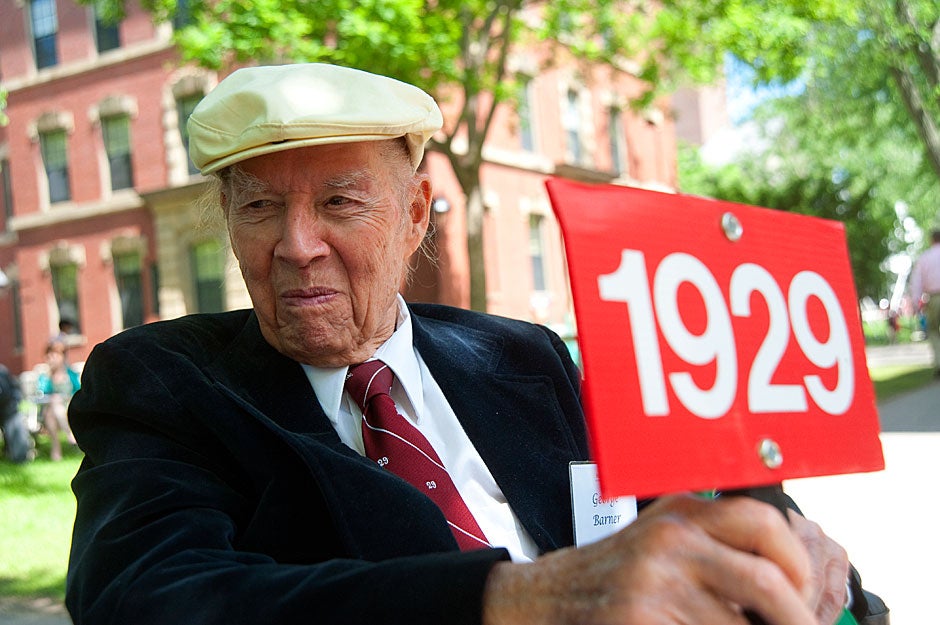 George Barner ’29, who represents the oldest class year but is younger than Donald Brown ’30 by 24 days, attends the afternoon Annual Meeting of the Harvard Alumni Association. Jon Chase/Harvard Staff Photographer