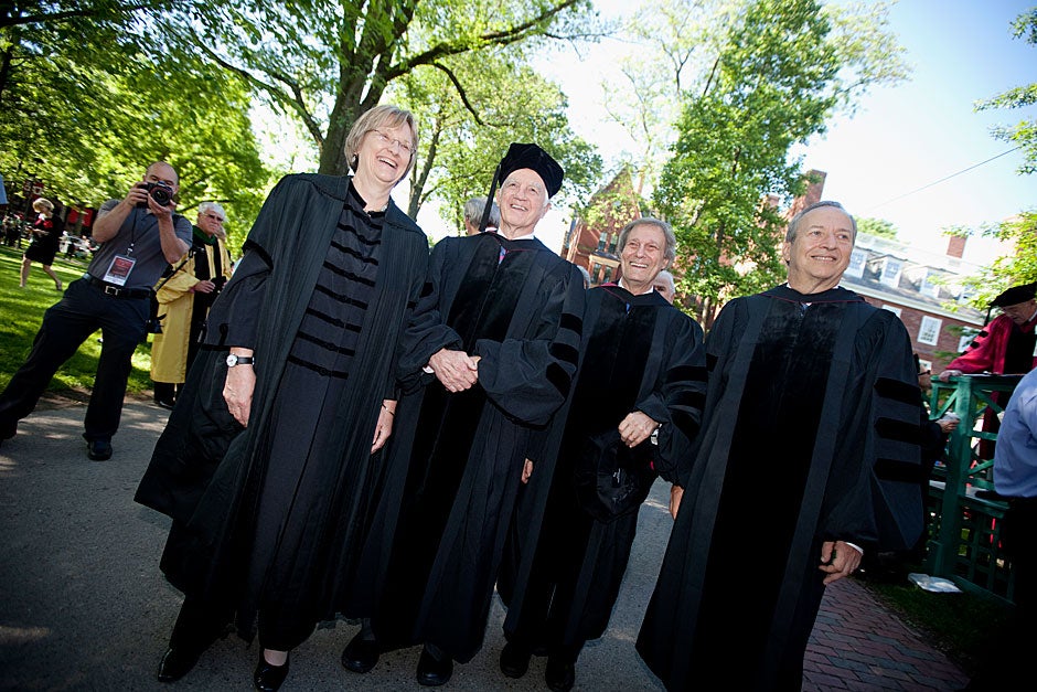 Four Harvard presidents led the procession, which began in the Old Yard. They are (from left) President Drew Faust, Derek Bok, Neil Rudenstine, and Larry Summers. Rose Lincoln/Harvard Staff Photographer
