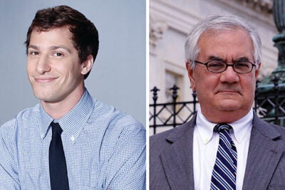 “The Senior Class Committee is thrilled to bring both Andy Samberg [left] and Congressman Barney Frank [right] to this year’s Class Day ceremony,” said Matt DaSilva, chair of the Class Day subcommittee of the Senior Class Committee.