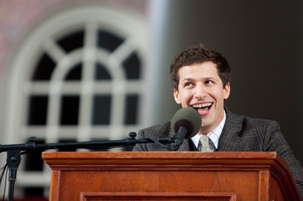 Class Day speaker and comedian Andy Samberg's presentation included spot-on impersonations of celebrities such as Nicolas Cage and Mark Wahlberg. His “message” to the graduating class included: “So, you guys are graduating. I think that’s great. We should do a film together. What do you think? You guys are super smart, right?”