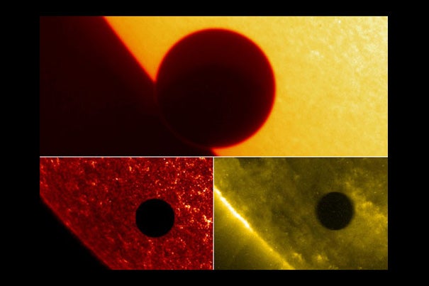 The top image shows Venus on the eastern limb of the sun. The faint ring around the planet comes from the scattering of its atmosphere, which allows some sunlight to show around the edge of the otherwise dark planetary disk. The faint glow on the disk is an effect of the TRACE (Transition Region And Coronal Explorer) telescope. The bottom left image is in the ultraviolet, and the bottom right image is in the extreme ultraviolet.