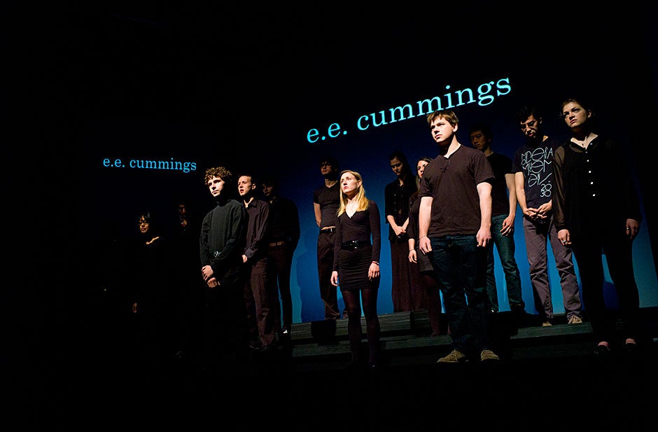 Students perform in Agassiz Theatre during a dress rehearsal for the Poetry Project, led by Jorie Graham, to be performed during the Arts First weekend at Harvard University. The students collectively recite a verse by e.e. cummings. Stephanie Mitchell/Harvard Staff Photographer