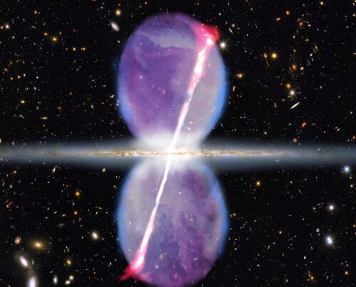 This artist's conception shows an edge-on view of the Milky Way galaxy. Newly discovered gamma ray jets (pink) extend for 27,000 light-years above and below the galactic plane, and are tilted at an angle of 15 degrees. Previously known gamma ray bubbles are shown in purple. The bubbles and jets suggest that our galactic center was much more active in the past than it is today.