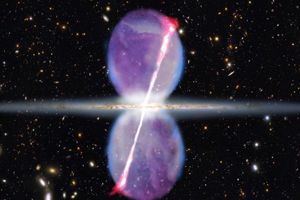 This artist's conception shows an edge-on view of the Milky Way galaxy. Newly discovered gamma ray jets (pink) extend for 27,000 light-years above and below the galactic plane, and are tilted at an angle of 15 degrees. Previously known gamma ray bubbles are shown in purple. The bubbles and jets suggest that our galactic center was much more active in the past than it is today.