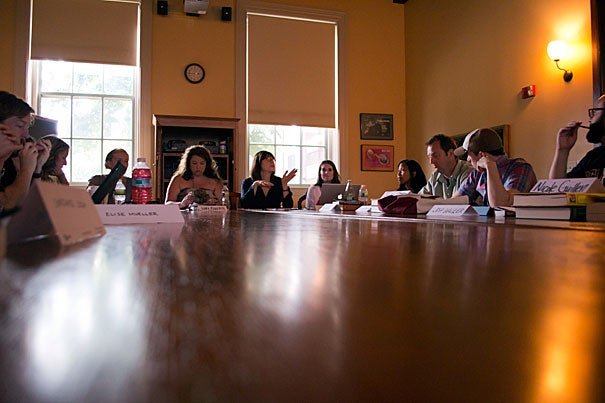 Harvard Professor Maria Tatar (center) led a group of teachers in a summer seminar sponsored by the National Endowment for the Humanities, “Golden Compasses as Moral Compasses: The Ethics and Aesthetics of Fairy Tales and Fantasy.”  Sixteen teachers (out of 250 applicants) were chosen to attend the four-week program at Harvard.
