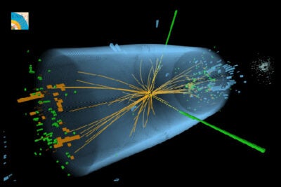 An image from CERN that shows a typical candidate event for the Higgs boson.  