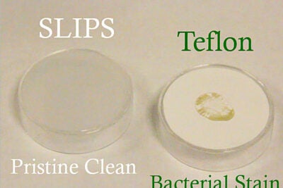 The SLIPS technology for preventing biofilm formation as compared with a Teflon-coated surface. 

