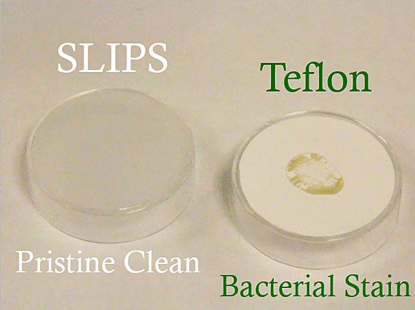 The SLIPS technology for preventing biofilm formation as compared with a Teflon-coated surface. 

