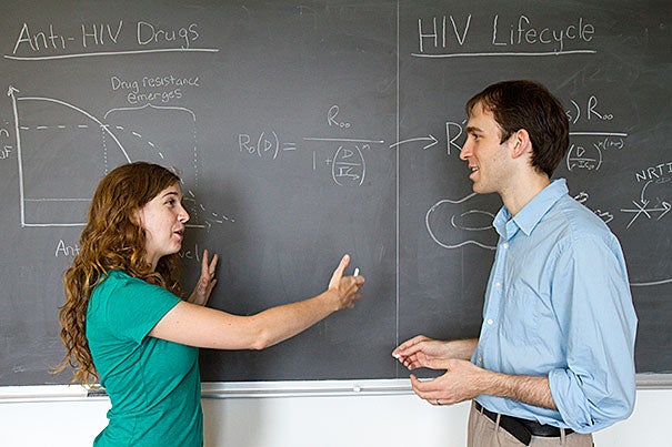 Harvard's Alison Hill and Daniel Rosenbloom, along with Professor Martin Nowak (not pictured), have shown that the relationship between adherence to a drug regimen and resistance is different for each of the drugs that make up the “cocktail” used to control HIV. "What we demonstrate in this paper is a prototype for predicting, through modeling, whether a patient at a given adherence level is likely to develop resistance to treatment,” said Hill.
