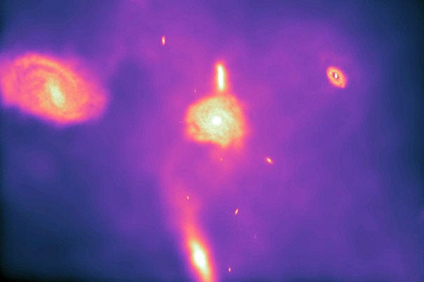 This still frame is taken from the Arepo-generated animation. It demonstrates Arepo's key ability to produce realistic spiral galaxies. Previous simulations tended to yield bloblike galaxies lacking distinct spiral structure.