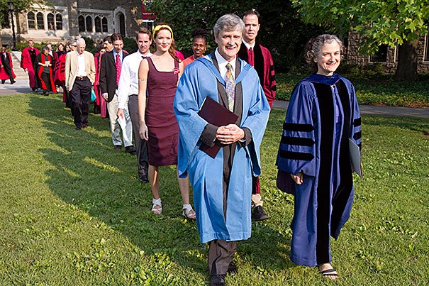 New Harvard Divinity School Dean David Hempton and Ann D. Braude, director of the women's studies in religion program, lead the procession from Andover Hall. During a moving keynote address, Hempton reflected on religious and ethnic conflict, and suggested ways to move beyond it.