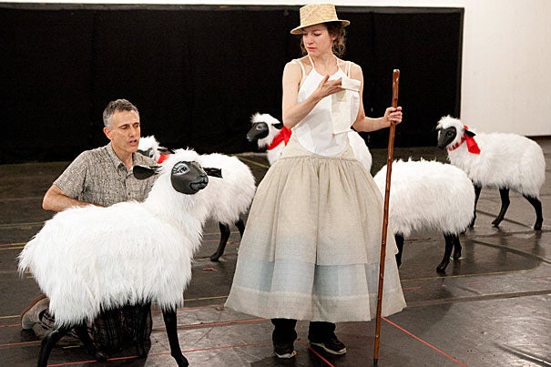 Actress Brooke Bloom (right) stars as Marie Antoinette in the collaborative production of "Marie Antoinette," produced by Harvard's American Repertory Theater and the Yale Repertory Theatre. Also pictured is David Greenspan, who plays a sheep.