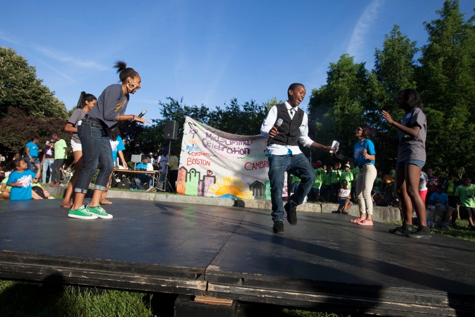 High school assistant teachers Aadreem Smith (left) and Willie Hobson showcase their dancing talents at the PBHA Midsummer Celebration.  Rose Lincoln/Harvard Staff Photographer