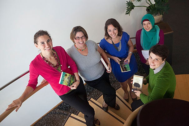 Erin Goodman (from left), Cris Martin, Elise Noel, Krystina Friedlander, and Anna Mudd are all founders of the Global Literature Online Book Group for Educators book club and staffers at the Center for Middle Eastern Studies, the Rockefeller Center for Latin American Studies, the Davis Center for Russian and Eurasian Studies, the Prince Alwaleed Bin Talal Islamic Studies Program, and the Committee on African Studies, which are sponsoring the club. 