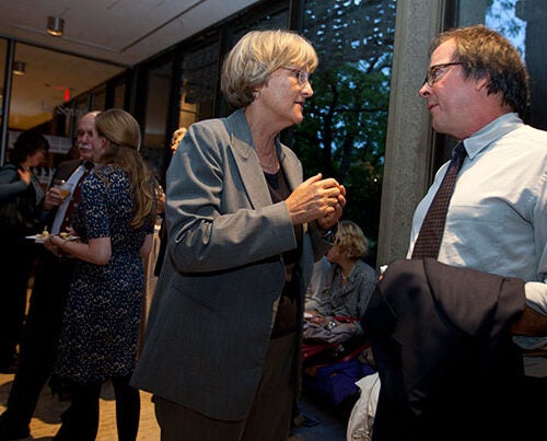 Harvard President Drew Faust (left) spoke with filmmaker Ric Burns, whose latest documentary, "Death and the Civil War," was inspired by Faust's book "This Republic of Suffering."