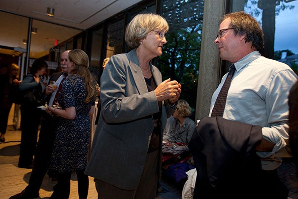 Harvard President Drew Faust (left) spoke with filmmaker Ric Burns, whose latest documentary, "Death and the Civil War," was inspired by Faust's book "This Republic of Suffering."