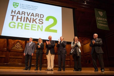 Harvard faculty spoke Tuesday at Sanders Theatre as part of Harvard Thinks Green 2, a sustainability-focused event that gave each presenter 10 minutes to talk about their ideas on the environment. They include Daniel Nocera (from left), Amy Edmondson, James Anderson, Joseph Aldy, Joyce Rosenthal, and Daniel Schrag.