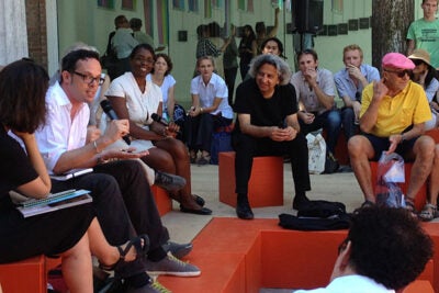 Dean Mohsen Mostafavi (center, seated) played a prominent role at the Venice Biennale, a three-month contemporary architecture festival, where he unveiled one of the GSD’s newest publications, “Instigations: Engaging Architecture, Landscape, and the City,” a work developed by GSD and Lars Müller Publishers. 
