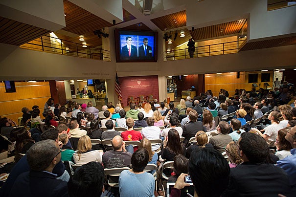 A packed crowd gathered at the Harvard Kennedy School for a viewing of the first presidential debate and for a panel discussion, “From Prep to the Podium,” a behind-the-scenes look at the work that goes into training candidates for the debates.