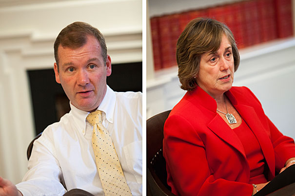 Marilyn Hausammann (right), vice president for human resources, and Bill Murphy, the director of labor relations, discuss the state of the negotiations with the Harvard Union of Clerical and Technical Workers.