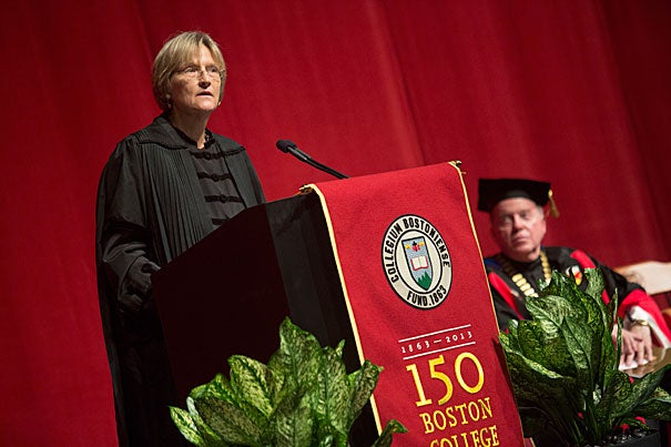 "Our task is to illuminate the past and shape the future, to define human
aspirations for the long term," President Drew Faust told a crowd of trustees, faculty, alumni, and friends in Boston College’s Robsham Theater.