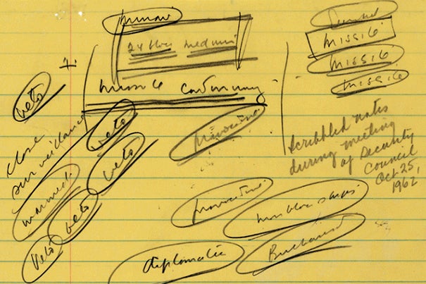 Detail of notes taken by President John F. Kennedy during a meeting of his security council on Oct. 25, 1962. Note the word "missile" written repeatedly in the upper right corner.