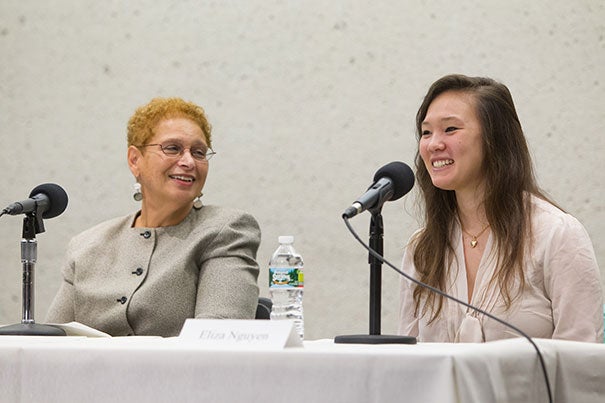 “It wasn’t that long ago that interracialism was dangerous,” said E. Dolores Johnson (left), a Harvard Business School grad who is writing a book about her parents’ experience in a biracial community in Buffalo, N.Y. Johnson, seen here with Eliza Nguyen, president of the Harvard Half Asian People’s Association, participated in a panel discussion called “American Masala: Race Mixing, the Spice of Life or Watering Down Cultures?”