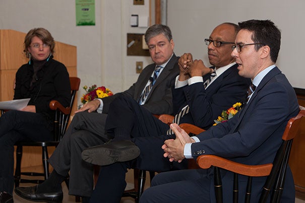 Moderator Jill Lepore (from left) with political journalists John Harwood, Eugene Robinson, and Ryan Lizza at “Press and the Race: A Presidential Election Roundtable.”