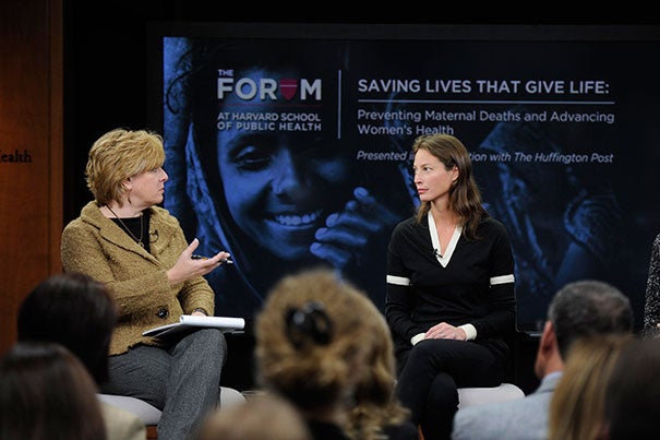 During The Forum at Harvard School of Public Health event, panel moderator Lisa Belkin (left) talks to Christy Turlington Burns, founder of Every Mother Counts. Nine years ago, Turlington Burns began researching the issue of women dying of childbirth-related complications when she suffered a postpartum hemorrhage after giving birth to her daughter. 
