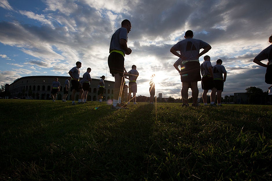 Army ROTC students gather at dawn to begin their group exercise. Rose Lincoln/ Harvard Staff Photographer