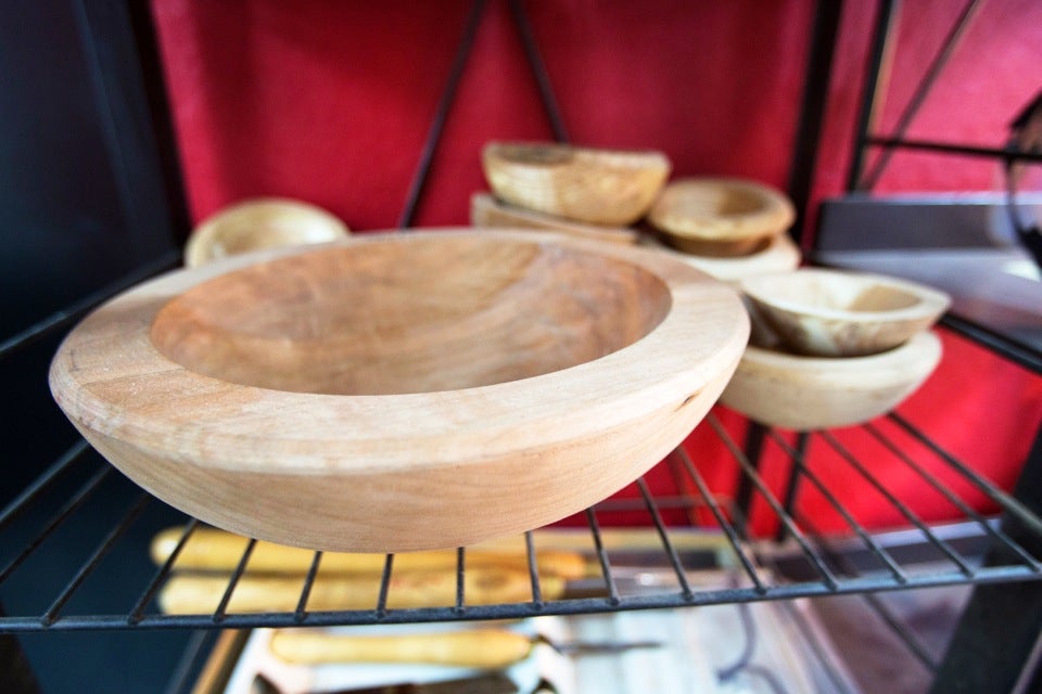 Wood-turned bowls sit pretty. They were created in Hark’s advanced wood-turning class.